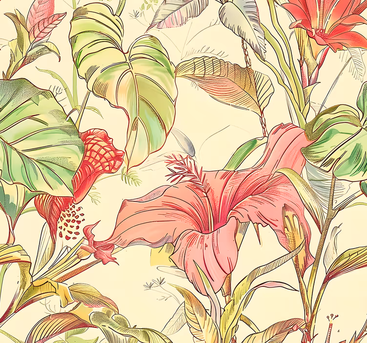 Papel mural hojas patrón de flores inglesas - TenVinilo