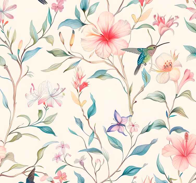Papel mural floral patrón de flores y colibríes - TenVinilo