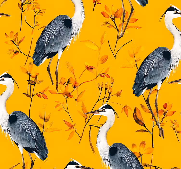 Papel mural amarillo patrón de garzas - TenVinilo