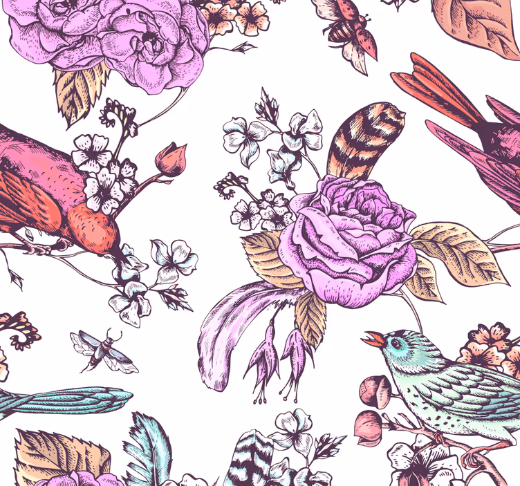 Papel mural floral diseño floral de pájaros - TenVinilo