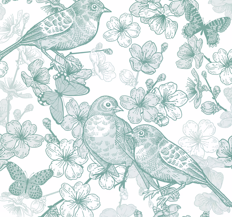 Papel mural pájaros motivo floral aviar - TenVinilo