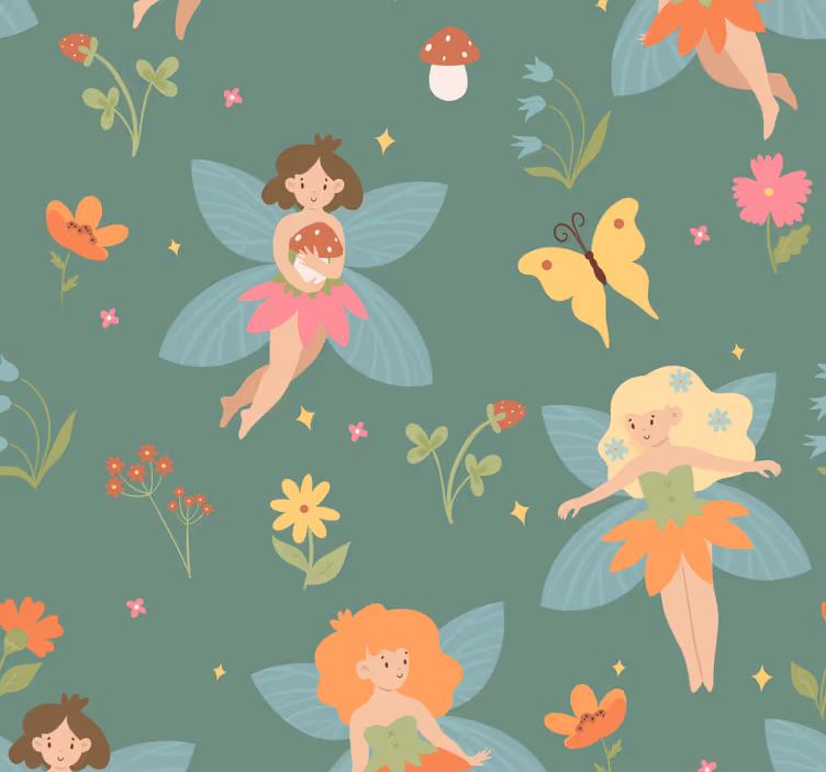 Papel mural bebé patrón floral de hadas - TenVinilo
