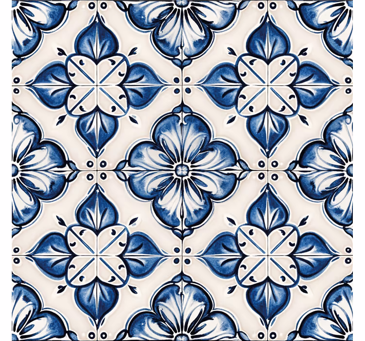 Papel mural azulejos patrón floral azul - TenVinilo