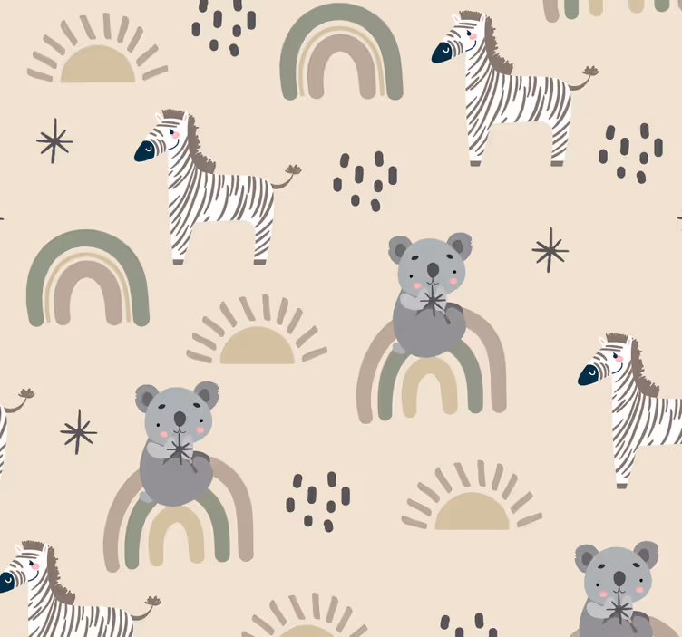 Papel mural animales patrón infantil beige y gris - TenVinilo