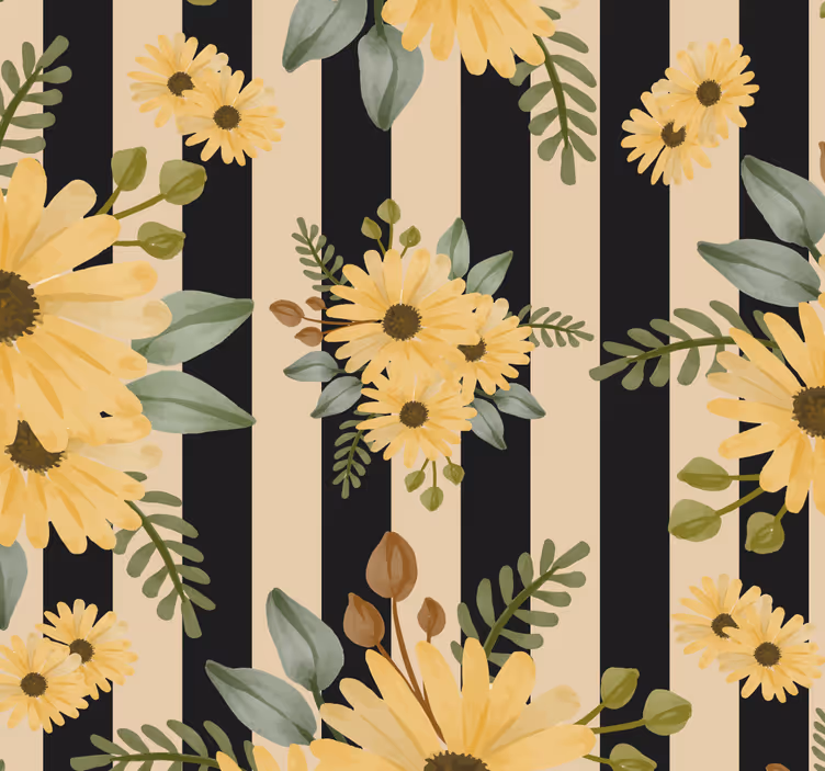 Papel mural floral patrón de girasol a rayas - TenVinilo