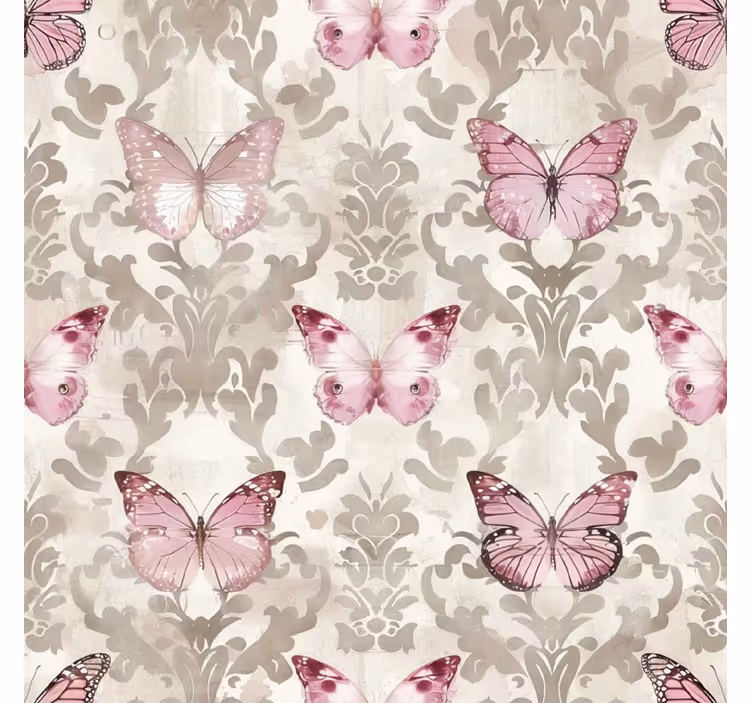 Papel mural barroco patrón de mariposas rosadas - TenVinilo