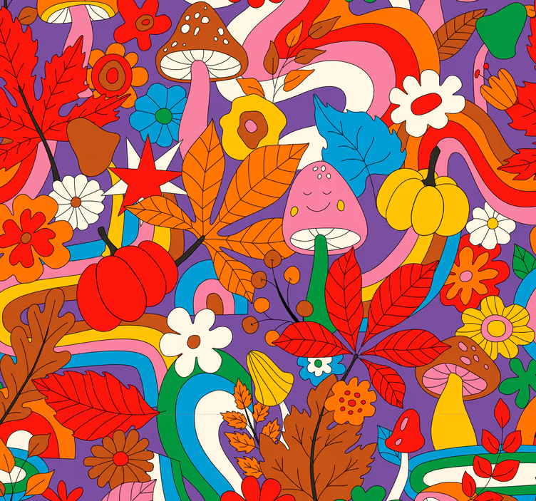 Papel mural floral patrón psicodélico colorido retro - TenVinilo