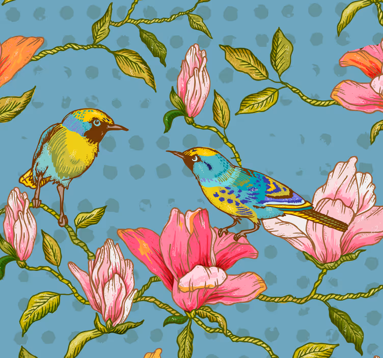 Papel pintado flores Pájaros amarillos con flores - TenVinilo