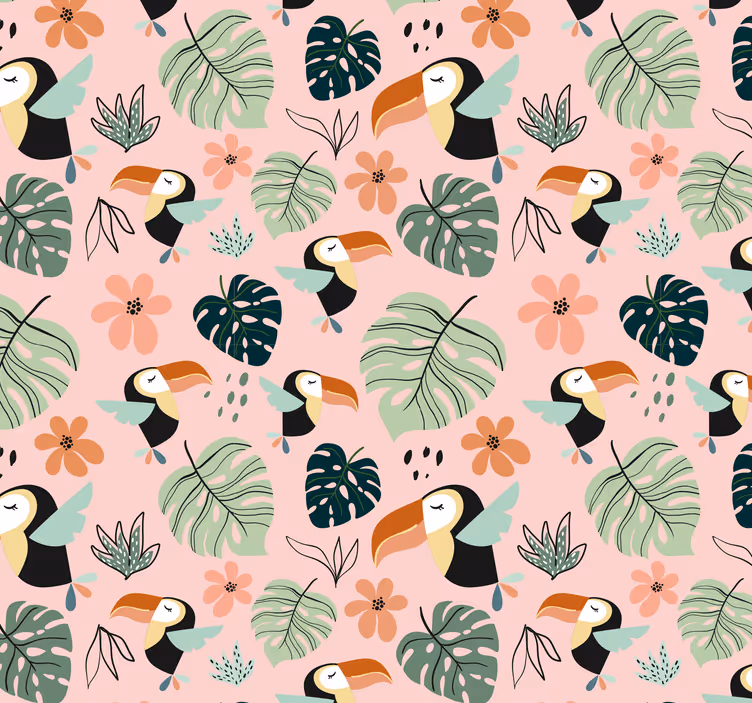 Papel pintado bebé pájaros tucanes y hojas - TenVinilo