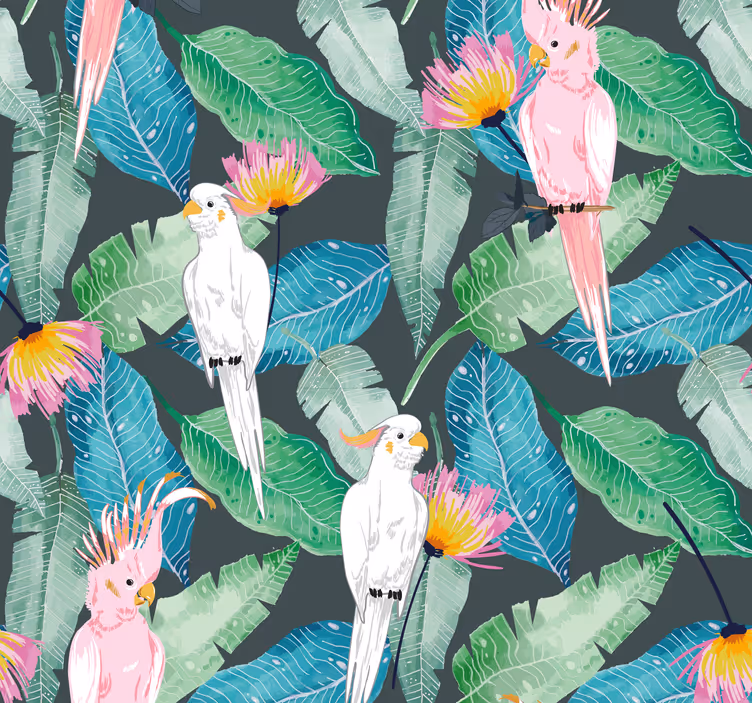 Papel pintado de pájaros tropicales y hojas - TenVinilo