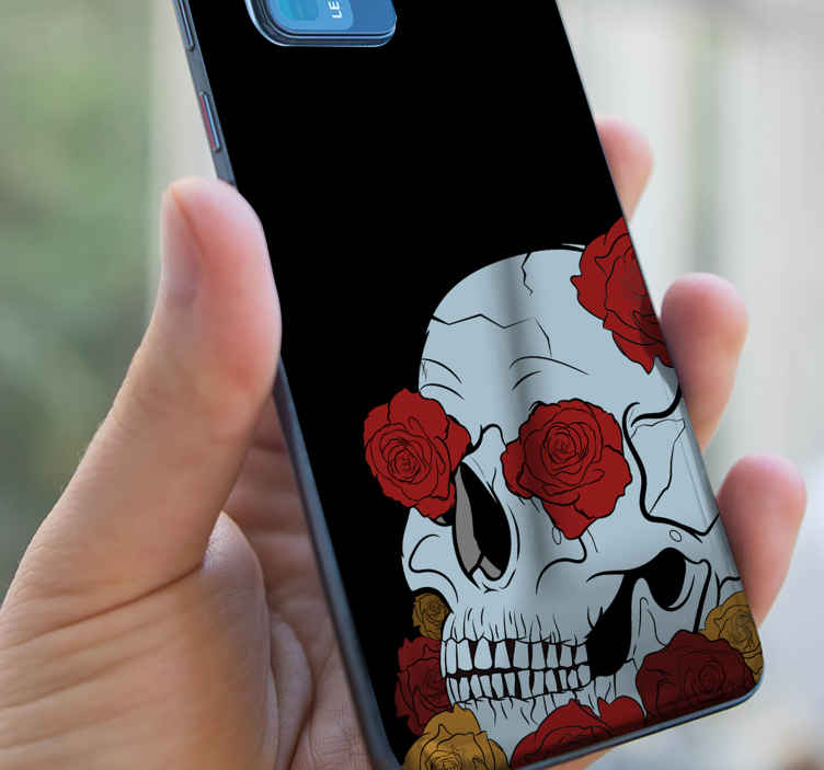 Sticker huawei Calavera azul con flores rosas - TenVinilo