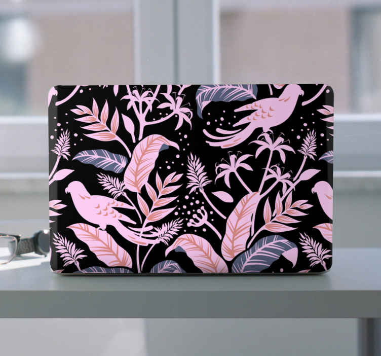 Vinilo para portátiles Pájaros negros y rosas en las hojas - TenVinilo