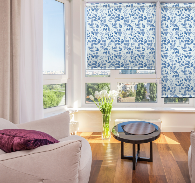 Cortina roller flores elegante patrón de hojas azules - TenVinilo