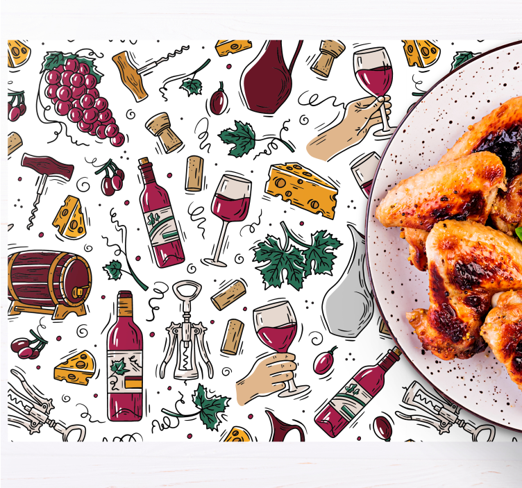 Mantel individual elegante Patrón vintage de uvas, vino y queso - TenVinilo