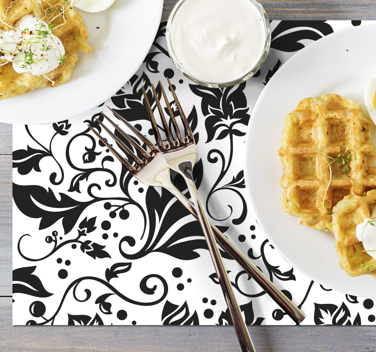 Mantel individual moderno Remolino floral negro sobre fondo blanc - TenVinilo