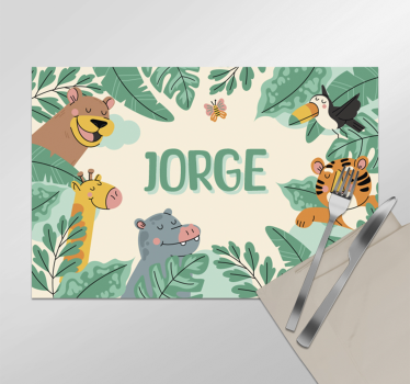 Mantel individual animales de la selva con nombre - TenVinilo