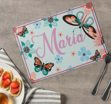Mantel individual rectangular flores y mariposas con nombre - TenVinilo