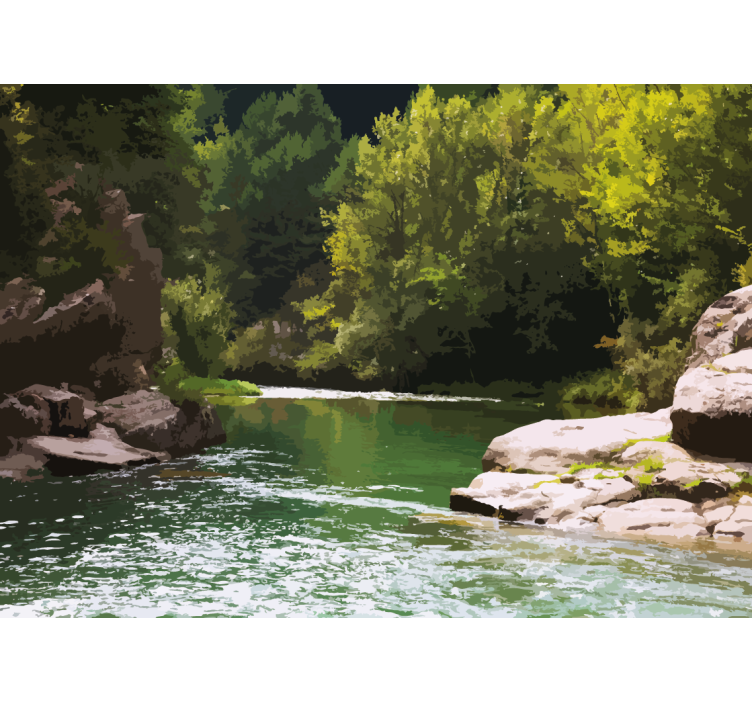 Fotomural naturaleza Montañas con árboles y un río. - TenVinilo