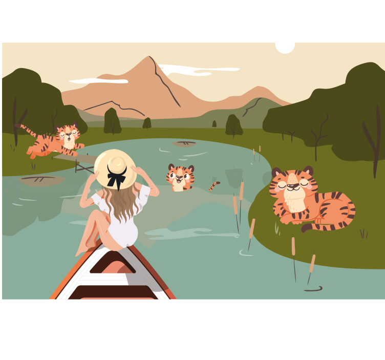 Papel mural infantil escena de aventura con tigres - TenVinilo