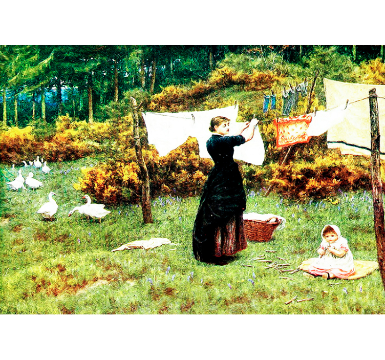 Mural de arte clásico mujer colgando ropa - TenVinilo