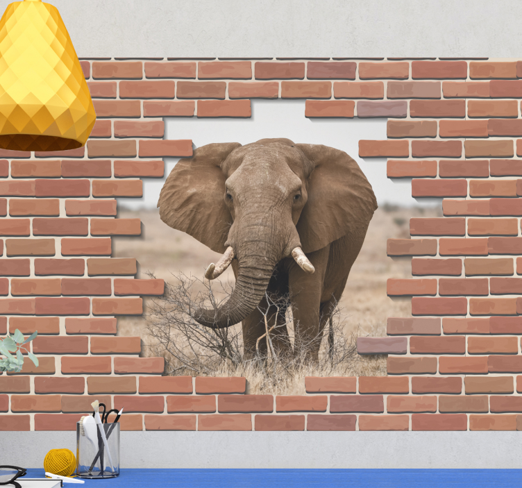 Fotomural 3D 3d pared rota con elefante - TenVinilo