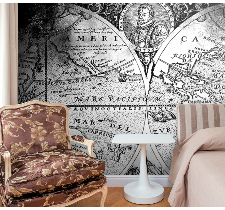 mural mapamundi Mapa del mundo en blanco y negro - TenVinilo