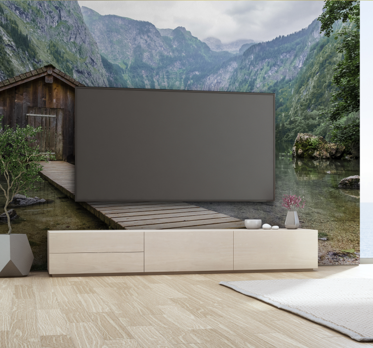 Fotomural montaña embarcadero en el lago - TenVinilo