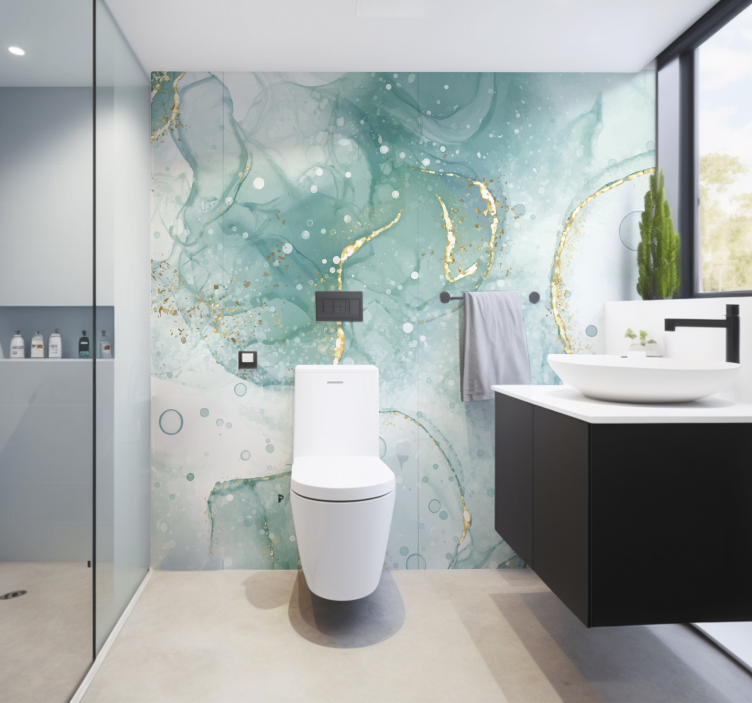 Fotomural baño mármol turquesa y dorado - TenVinilo