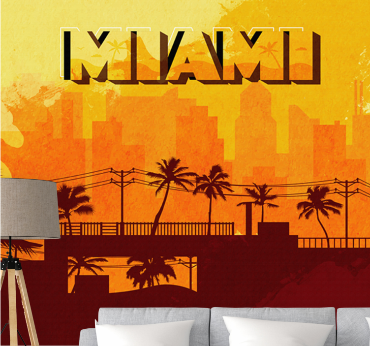 Mural para salón Ilustración de la ciudad retro de miami - TenVinilo
