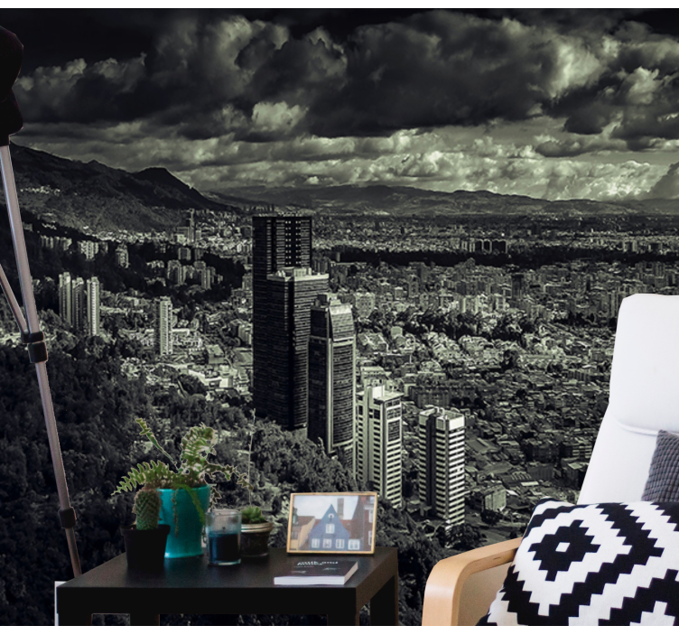 Papel mural ciudades paisaje urbano con vista a la montaña - TenVinilo