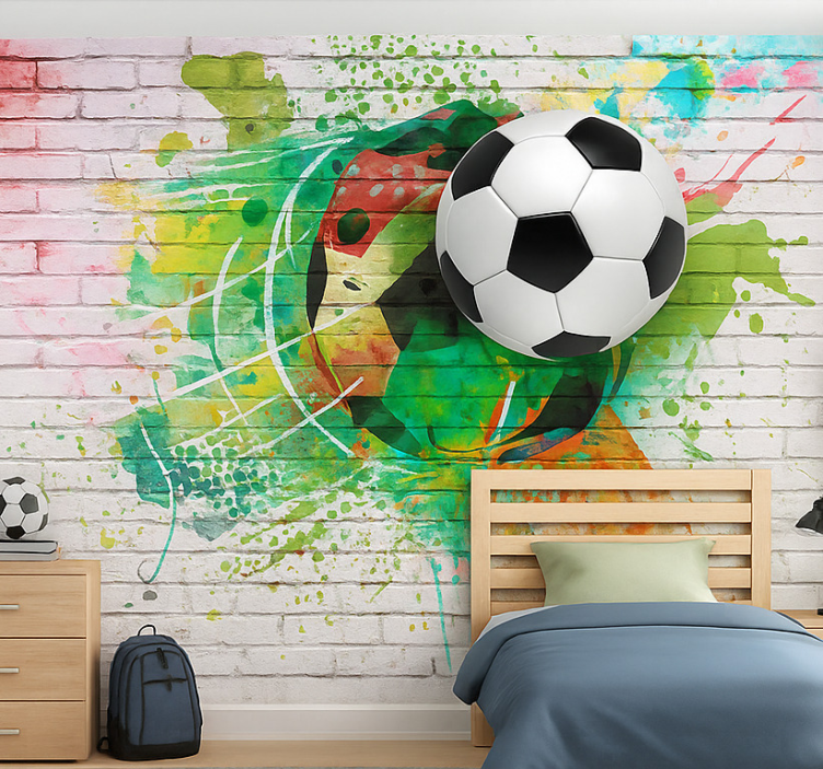 Papel mural dormitorio juvenil balón de fútbol multicolor - TenVinilo