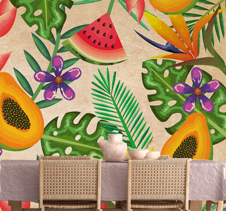 Papel mural flores con patrones de frutas tropicales - TenVinilo