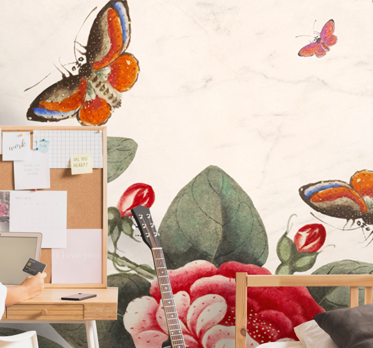 Papel mural flores insectos y flores en movimiento - TenVinilo