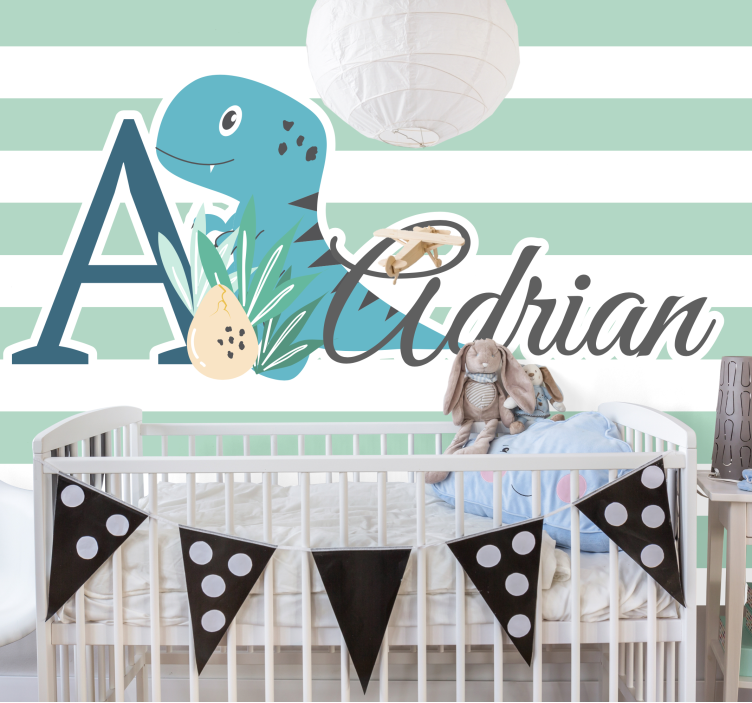 Papel mural infantil t-rex con inicial y nombre - TenVinilo