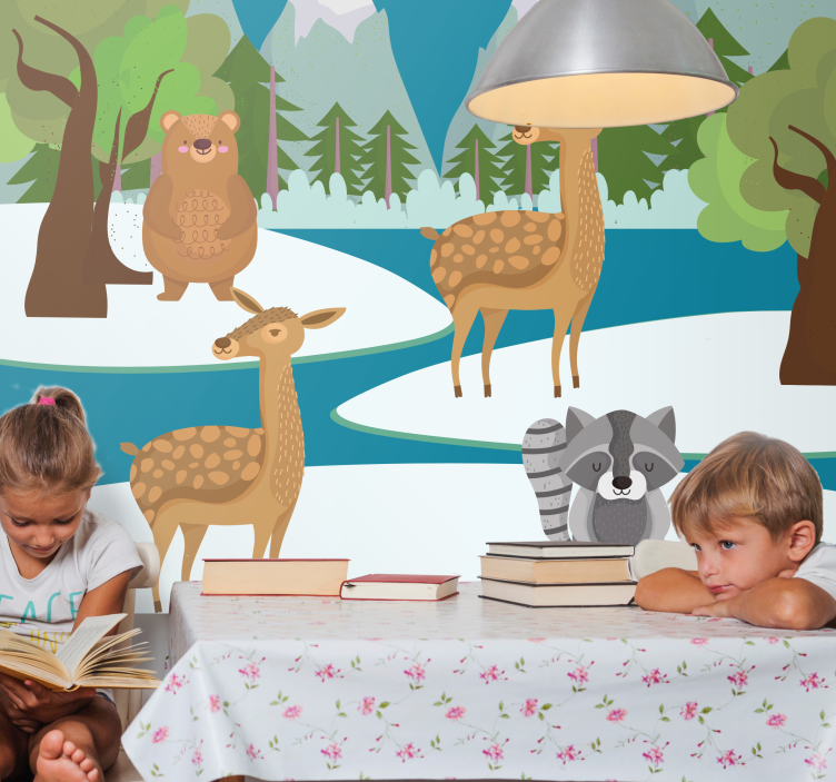 Papel mural infantil escena de animales del bosque dibujada - TenVinilo