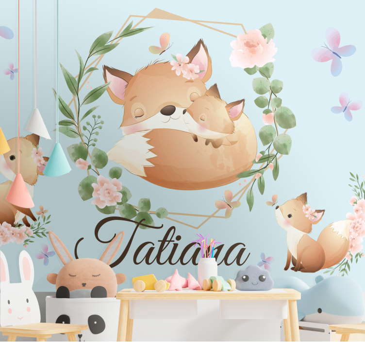 Papel mural infantil linda familia de zorros con nombre - TenVinilo