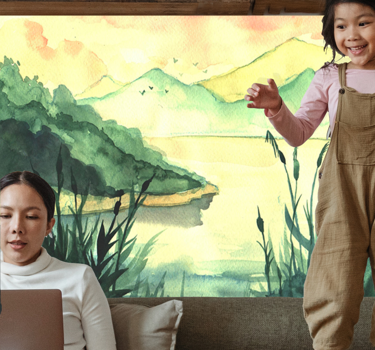 Papel mural lago paisaje sereno dibujado a mano - TenVinilo