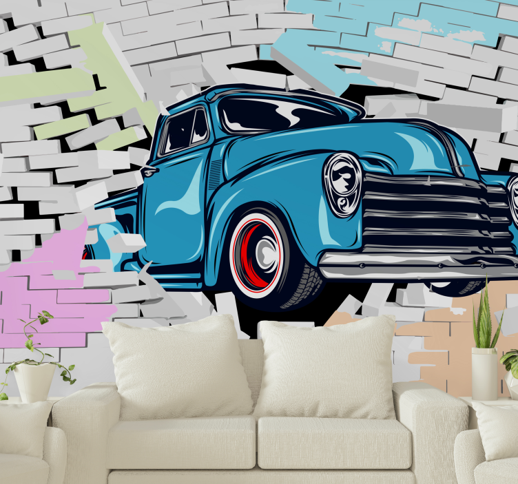 Papel mural vehículos camioneta clásica azul - TenVinilo