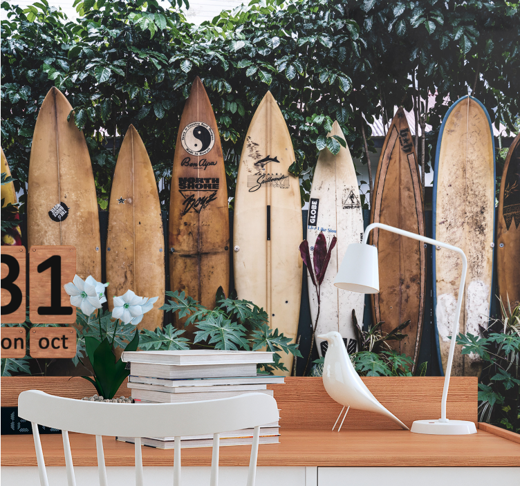 Papel mural vehículos tablas de surf en exhibición - TenVinilo