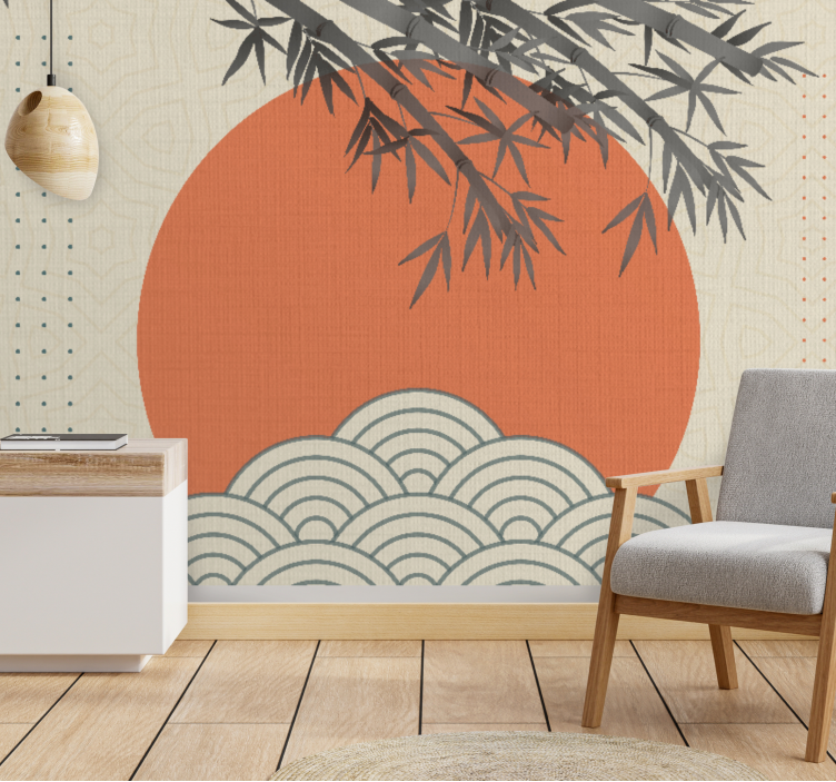 Papel mural zen bambú y sol naranja - TenVinilo