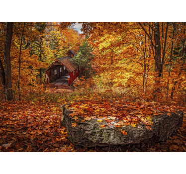 Papel mural paisajes puente cubierto en otoño - TenVinilo