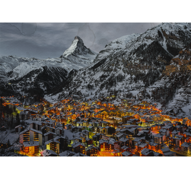 Papel mural montaña pueblo alpino nevado - TenVinilo
