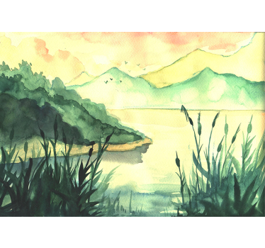 Papel mural lago paisaje sereno dibujado a mano - TenVinilo