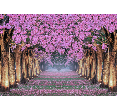 Fotomural bosque Camino con arboles y flores rosas - TenVinilo