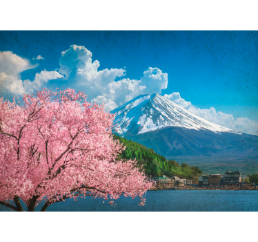 Papel mural paisajes montañas y cerezos en flor - TenVinilo
