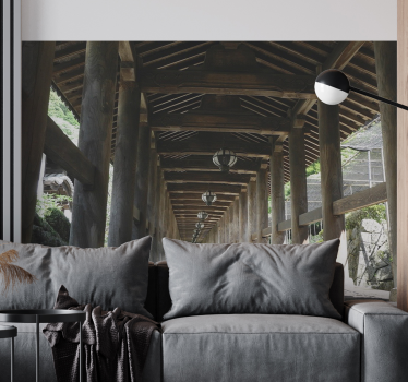 Foto mural 3d Pasillo con pilares de madera - TenVinilo
