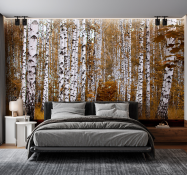 Fotomural bosque Abedules con pasto naranja - TenVinilo