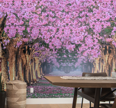 Fotomural bosque Camino con arboles y flores rosas - TenVinilo