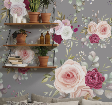 Fotomural de flores Flores de color rosa pavo real en pared gris - TenVinilo