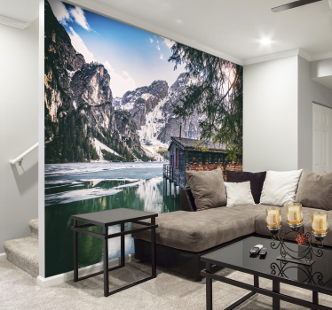 Papel pintado paisaje montaña lago Braies - TenVinilo